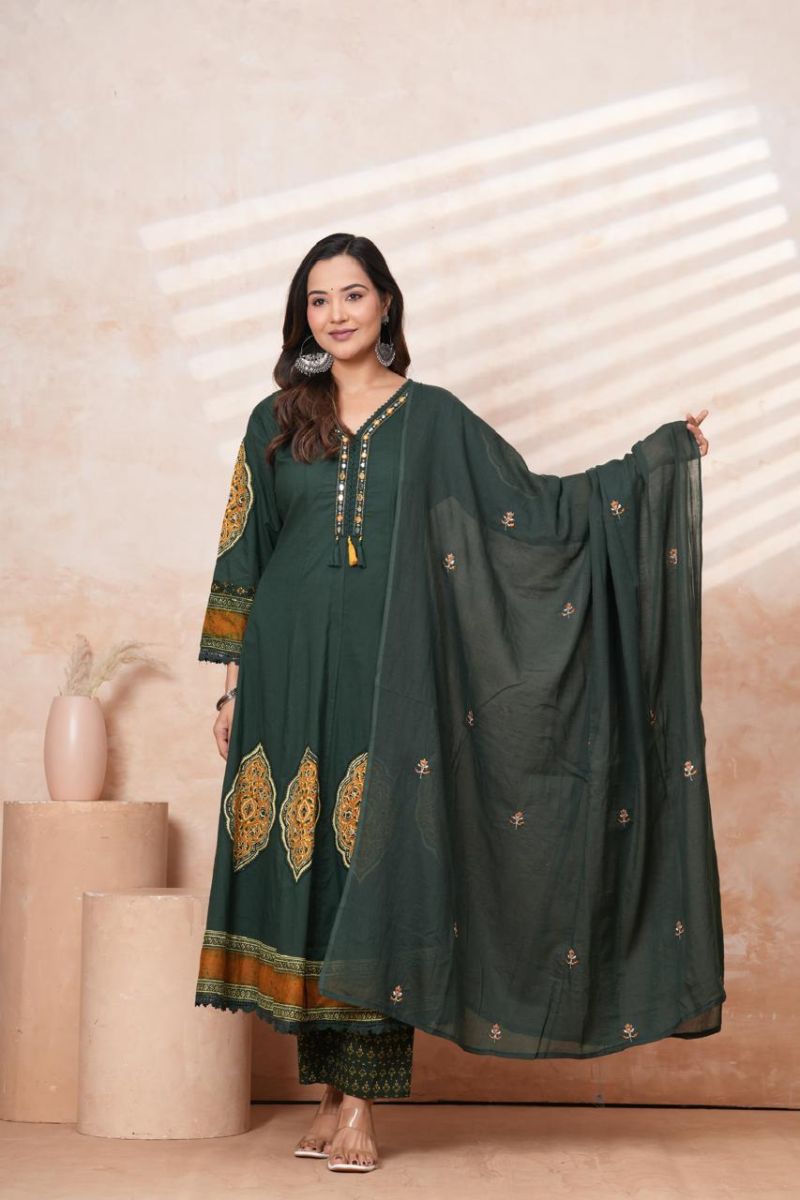Vani Vol 4 Cotton Patch Work Anarkali Kurti With Bottom Dupatta Set
