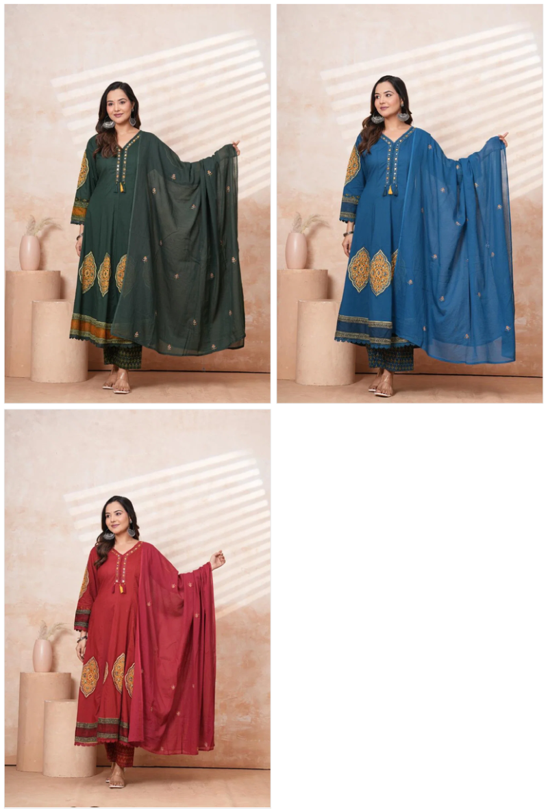 Vani Vol 4 Cotton Patch Work Anarkali Kurti With Bottom Dupatta Set — Wholesale Readymade Suit, Vardan Ethnic wholesale from Surat — Photo 4