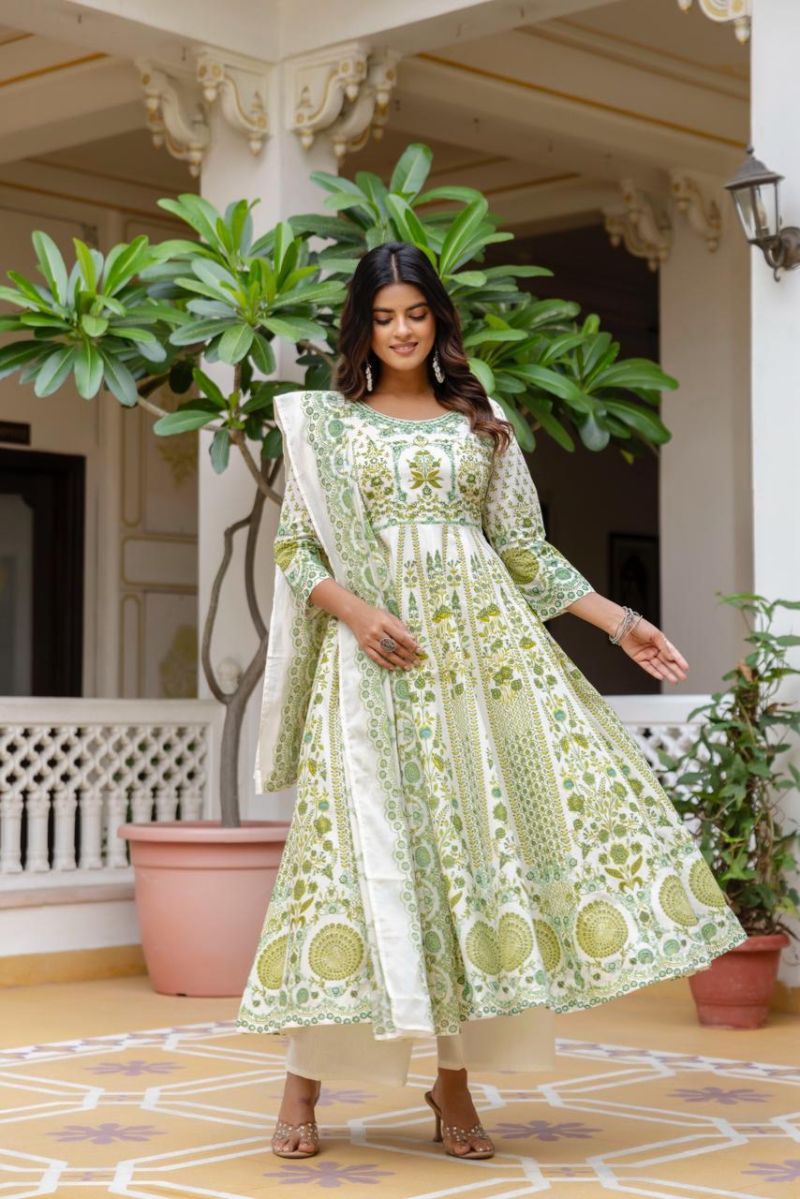 Vani Vol 5 Cotton Discharge Print Hand Work Anarkali Kurti With Bottom Dupatta Set