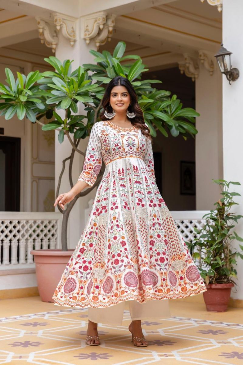 Vani Vol 5 Cotton Discharge Print Hand Work Anarkali Kurti With Bottom Dupatta Set — Wholesale Kurtis, Vardan Ethnic wholesale from Surat — view 2