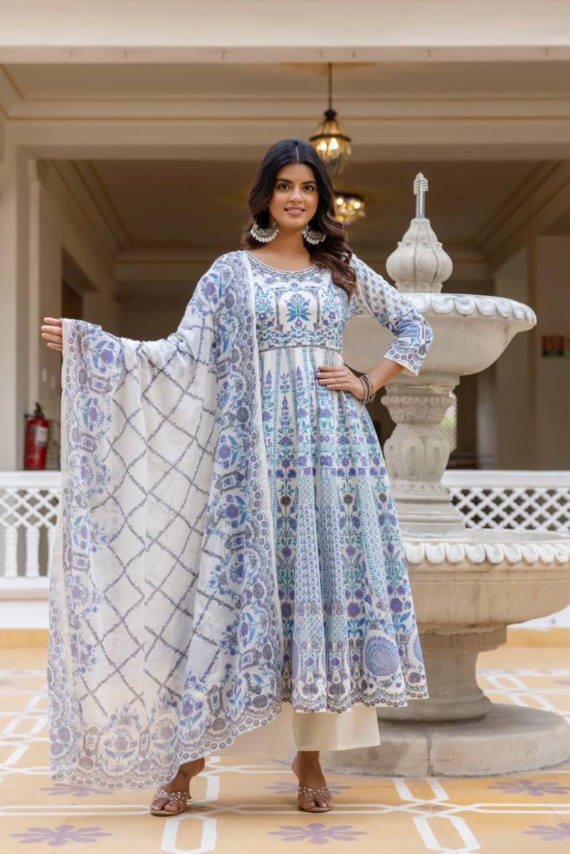 Vani Vol 5 Cotton Discharge Print Hand Work Anarkali Kurti With Bottom Dupatta Set — Wholesale Kurtis, Vardan Ethnic wholesale from Surat — view 3