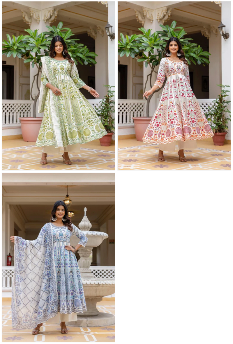 Vani Vol 5 Cotton Discharge Print Hand Work Anarkali Kurti With Bottom Dupatta Set — Wholesale Kurtis, Vardan Ethnic wholesale from Surat — view 7