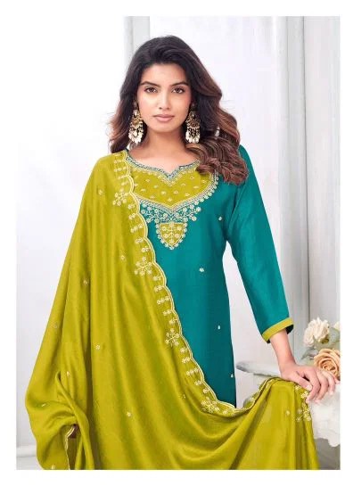 Vishnu Mahika Vichitra Silk Embroidered Dress Material Catalog