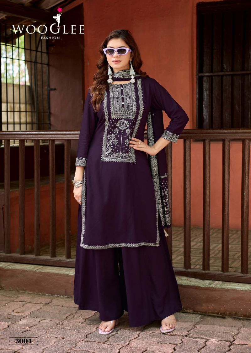 Wooglee Maharani Rayon Print Handwork Kurti With Sharara Dupatta Set