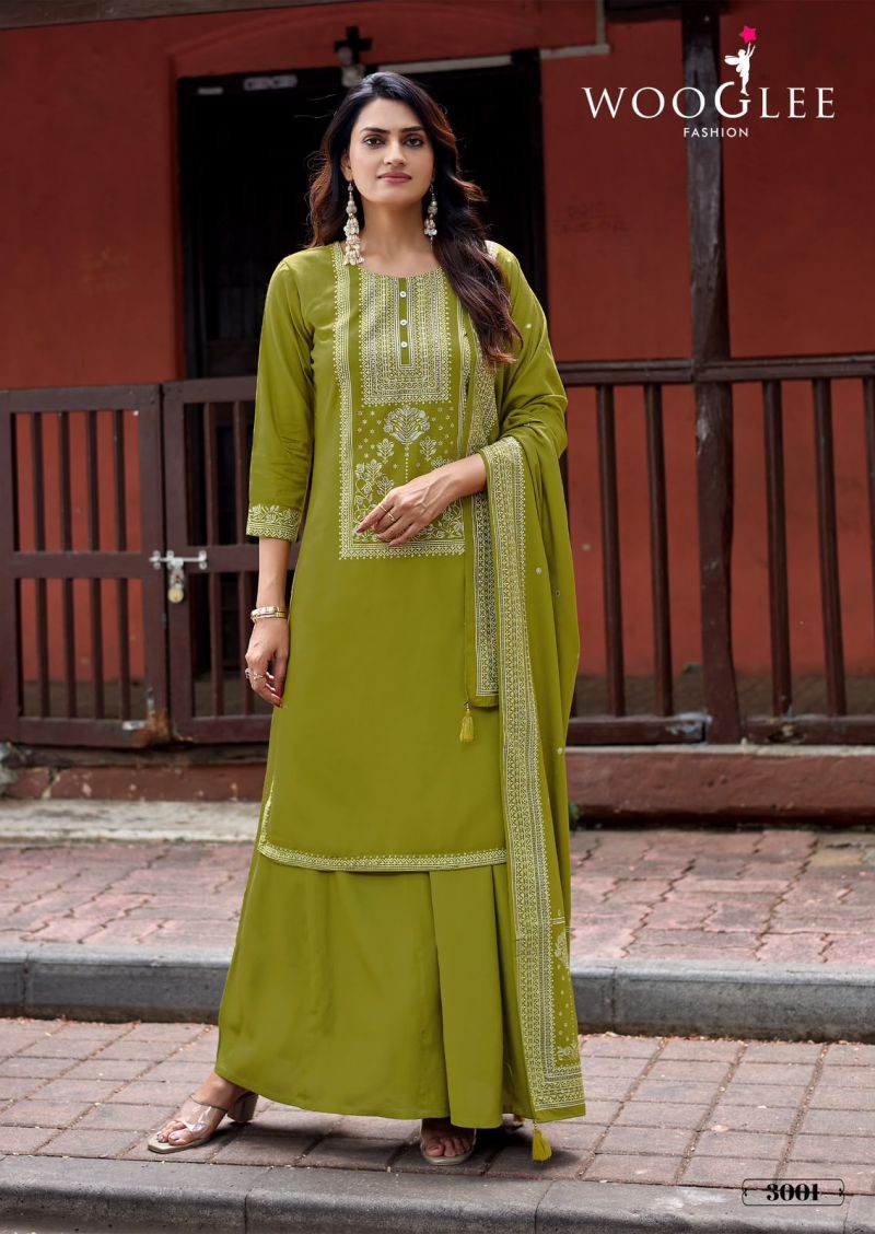 Wooglee Maharani Rayon Print Handwork Kurti With Sharara Dupatta Set — Wholesale Readymade Suit wholesale from Surat — view 6