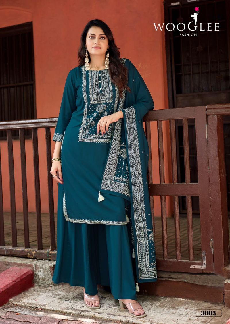 Wooglee Maharani Rayon Print Handwork Kurti With Sharara Dupatta Set — Wholesale Readymade Suit wholesale from Surat — view 5
