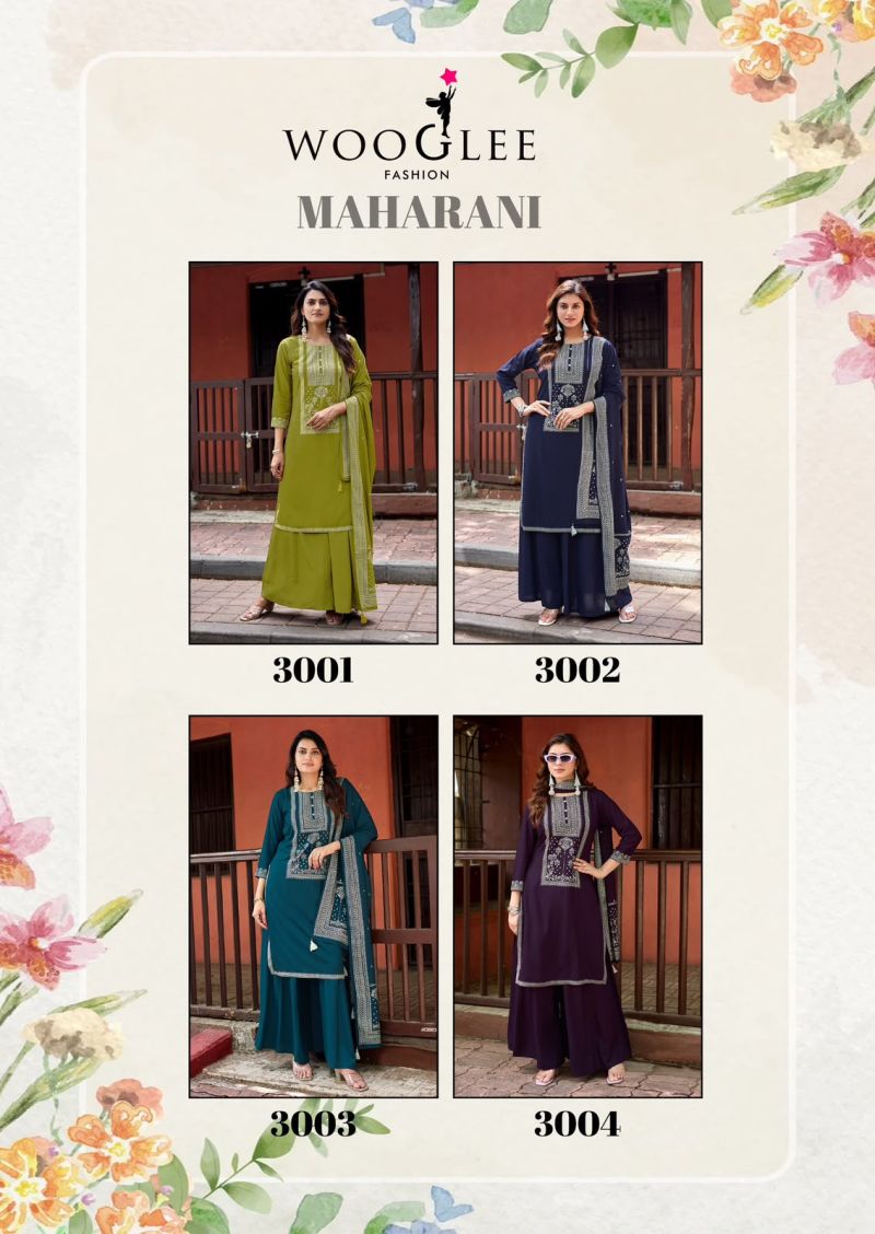 Wooglee Maharani Rayon Print Handwork Kurti With Sharara Dupatta Set — Wholesale Readymade Suit wholesale from Surat — view 2