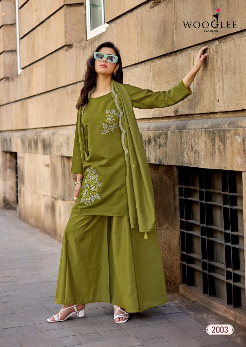 Wooglee Blue Pearl Russian Viscose Hand And Thread Work Kurti With Bottom Dupatta Set
