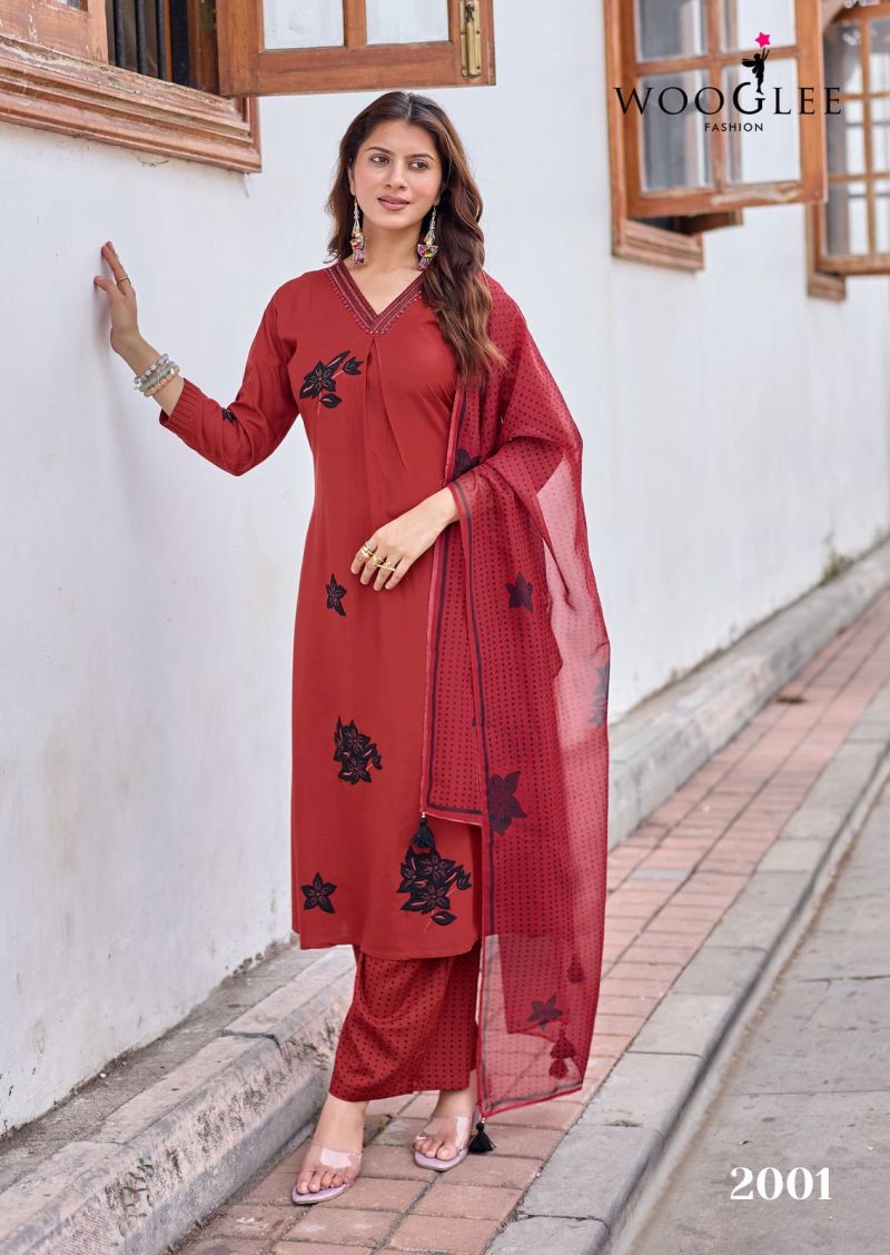 Wooglee Vasudha Rayon Thread Work Kurti With Bottom Dupatta Set — Wholesale Kurtis, Vardan Ethnic wholesale from Surat — Photo 3
