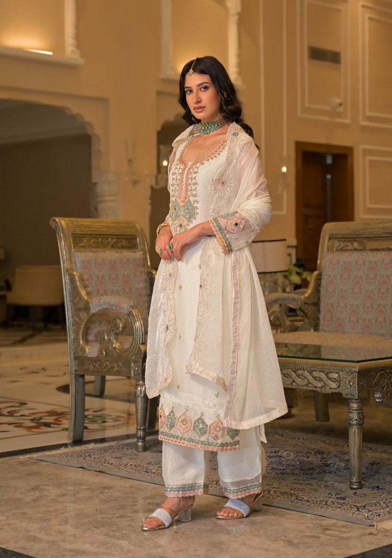 Zaveri D 50135 White Crush Satin Beats Work Designer Salwar Kameez Catalog