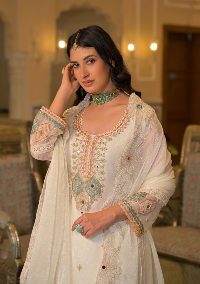 Zaveri D 50135 White Crush Satin Beats Work Designer Salwar Kameez Catalog — Wholesale Dress Material, Eba Lifestyle wholesale from Surat — Photo 3
