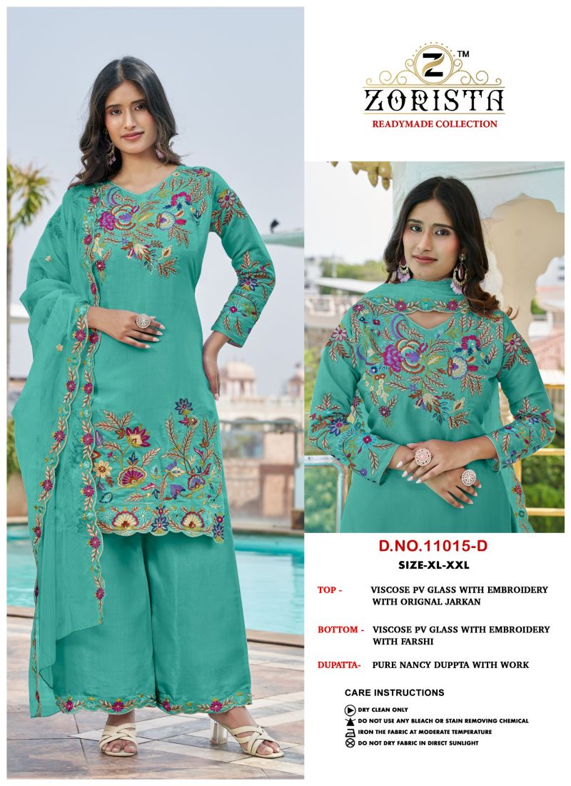 Zorista 11015 A To D Pv Glass Silk Embroidered Salwar Kameez — Wholesale Pakistani Suits, Zorista wholesale from Surat — view 2