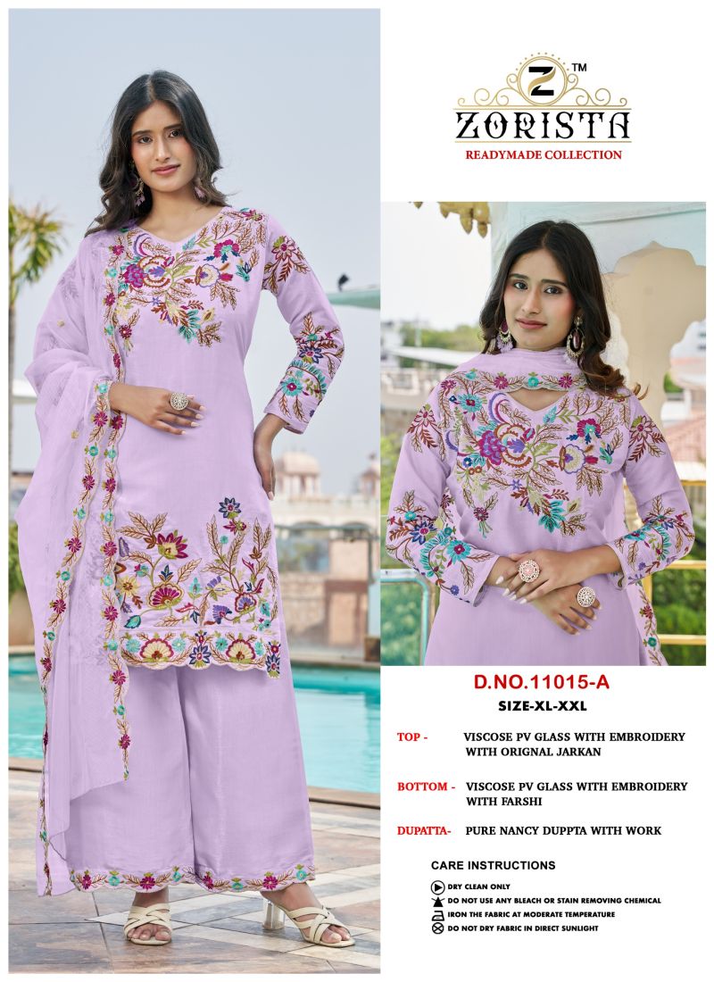 Zorista 11015 A To D Pv Glass Silk Embroidered Salwar Kameez — Wholesale Pakistani Suits, Zorista wholesale from Surat — view 3