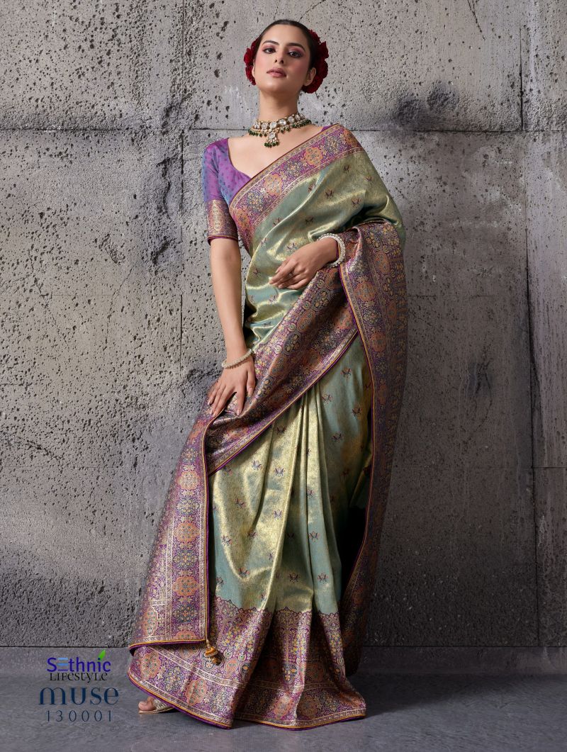 Sethnic Muse Delight Banarasi Tissue Silk Meenakari Patta Weaving Saree Catalog — Wholesale Sarees, Vardan Ethnic wholesale from Surat — view 6