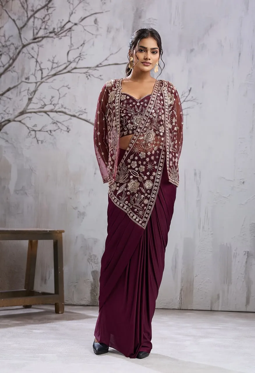 Amoha Designer Beads Work Saree With Jacket Blouse Imported Laycra Saree