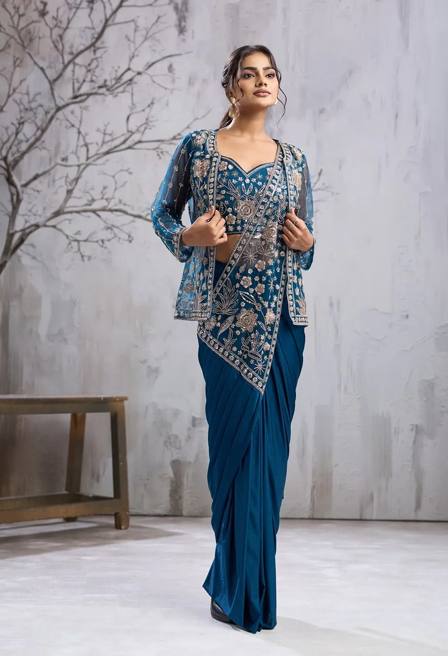 Amoha Designer Beads Work Saree With Jacket Blouse Imported Laycra Saree — Singles, Vardan Ethnic wholesale from Surat — view 3