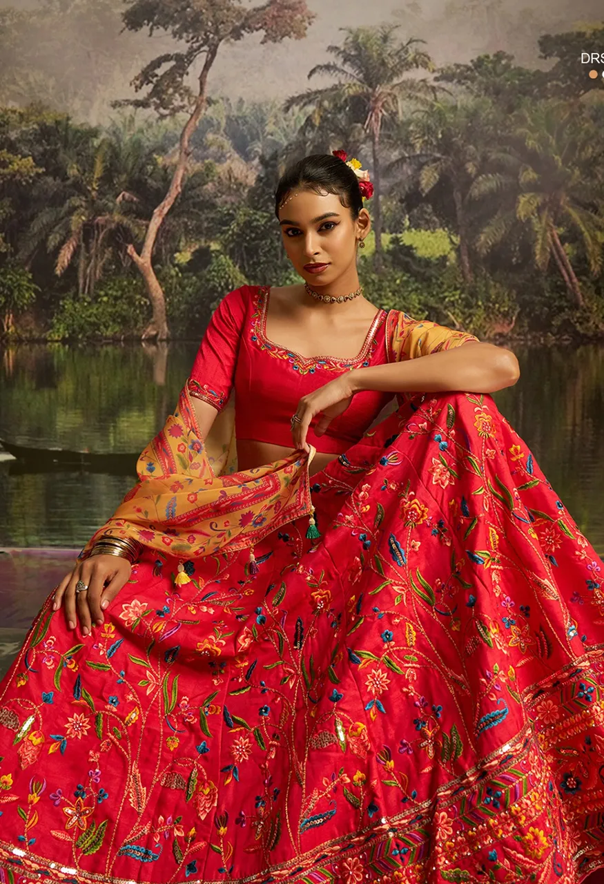 Arya Drs161 Coral Red Silk Lehenga Blouse Set Zari, Sequins Zarkan Work — Lehenga, Vardan Ethnic wholesale from Surat — Photo 2