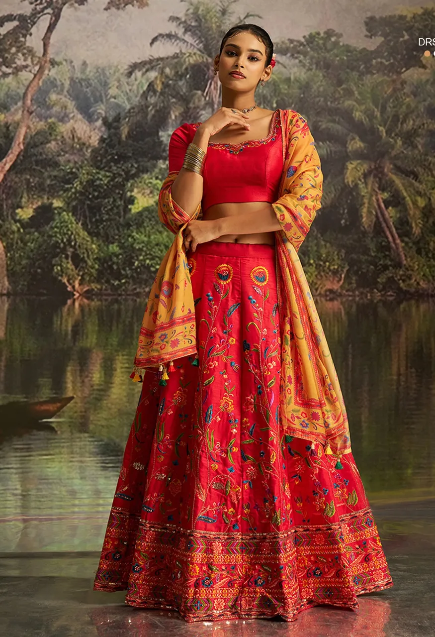 Arya Drs161 Coral Red Silk Lehenga Blouse Set Zari, Sequins Zarkan Work — Lehenga, Vardan Ethnic wholesale from Surat — Photo 3