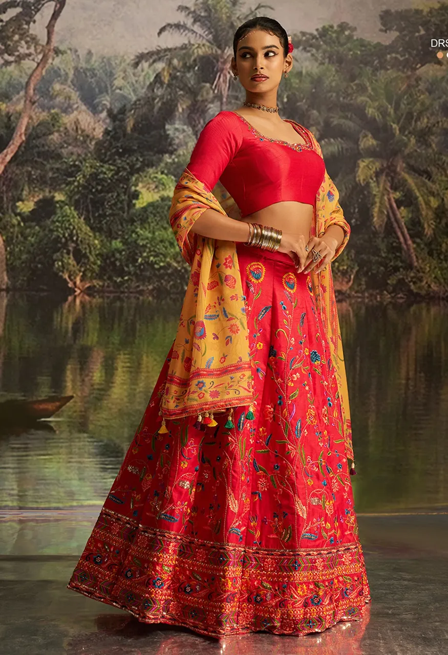 Arya Drs161 Coral Red Silk Lehenga Blouse Set Zari, Sequins Zarkan Work
