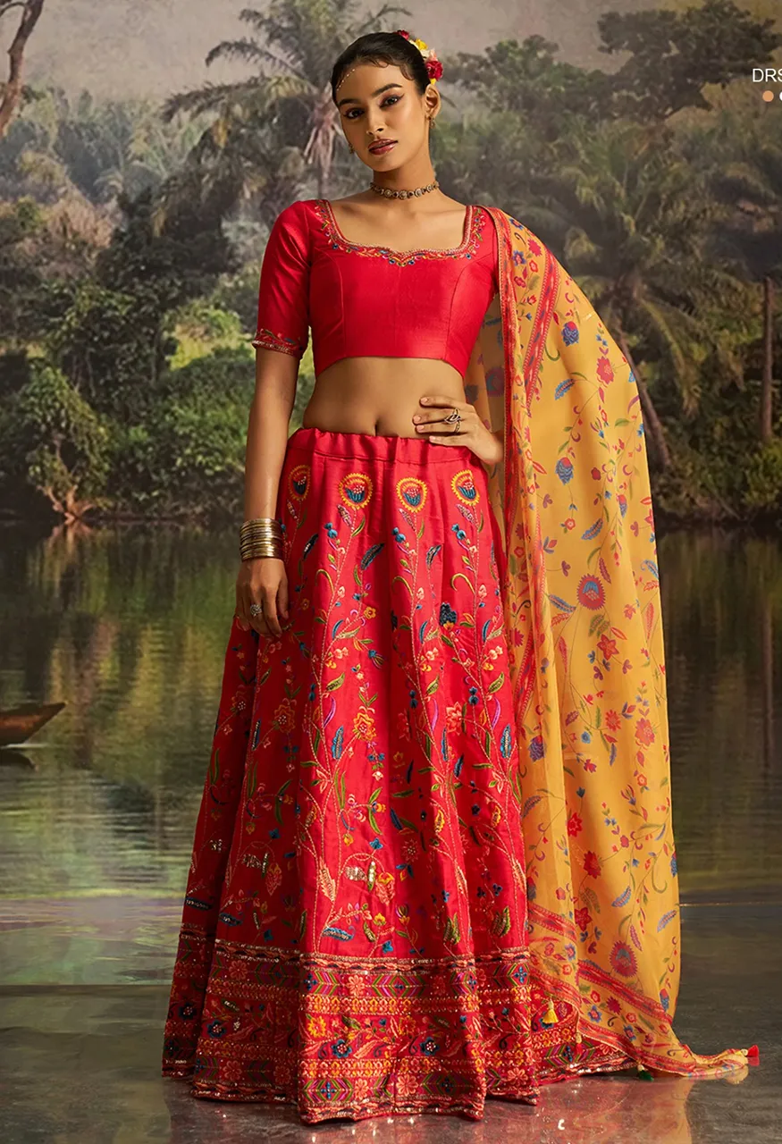 Arya Drs161 Coral Red Silk Lehenga Blouse Set Zari, Sequins Zarkan Work — Lehenga, Vardan Ethnic wholesale from Surat — Photo 6