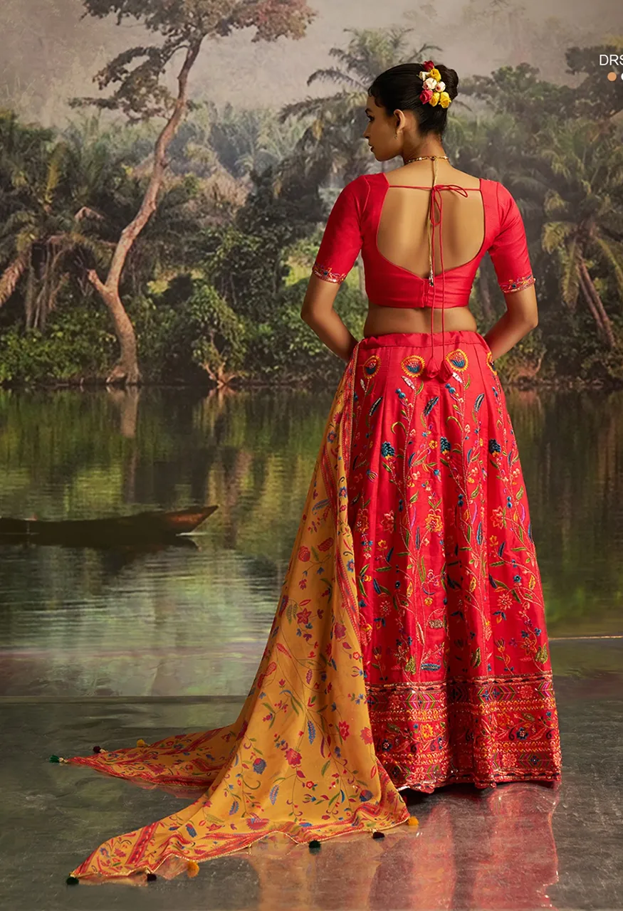 Arya Drs161 Coral Red Silk Lehenga Blouse Set Zari, Sequins Zarkan Work — Lehenga, Vardan Ethnic wholesale from Surat — Photo 8