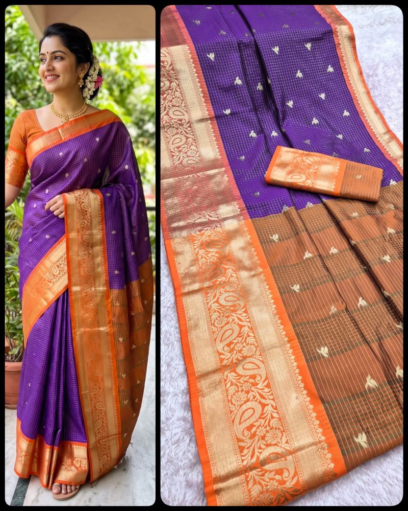 Aab Checks Kanchijvaram Soft Silk Weaving Thread Work Designer Saree Collection — Designer Partywear Sarees, Vardan Ethnic wholesale from Surat — Photo 4