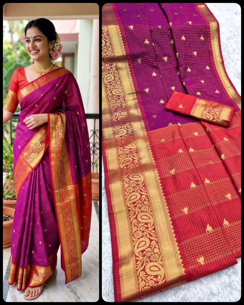 Aab Checks Kanchijvaram Soft Silk Weaving Thread Work Designer Saree Collection