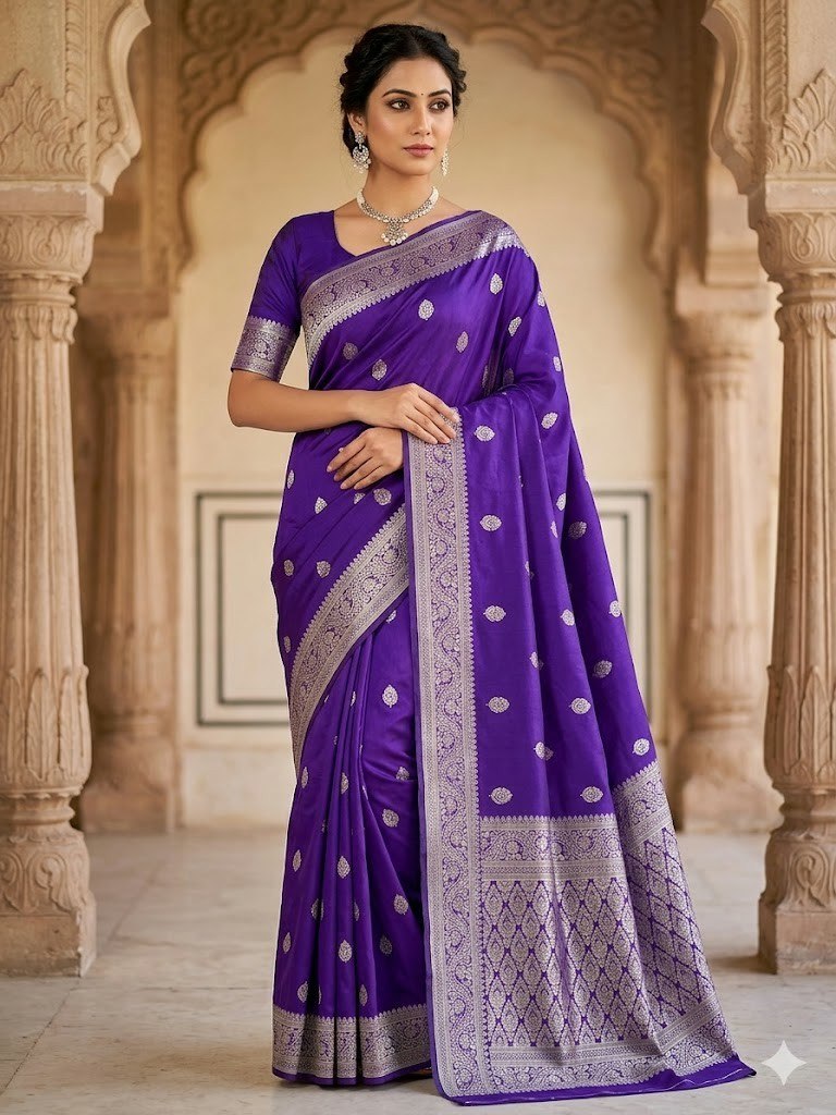 Aab Purple Butti Soft Silk Jacquard Border Designer Saree Collection — Designer Partywear Sarees, Vardan Ethnic wholesale from Surat — Photo 4