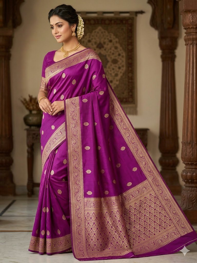 Aab Purple Butti Soft Silk Jacquard Border Designer Saree Collection