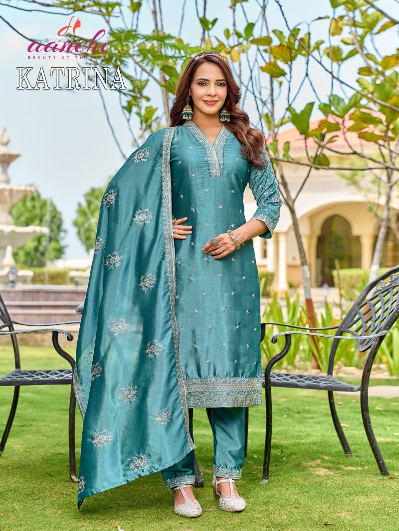 Aanchi Katrina Crystal Silk Embroidered Kurti With Bottom Dupatta Catalog — Wholesale Kurtis, Aanchi Kurtis Catalog wholesale from Surat — view 4