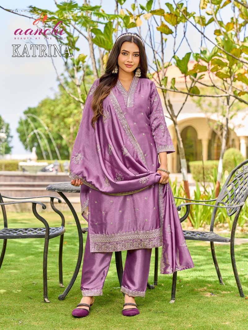 Aanchi Katrina Crystal Silk Embroidered Kurti With Bottom Dupatta Catalog — Wholesale Kurtis, Aanchi Kurtis Catalog wholesale from Surat — view 3