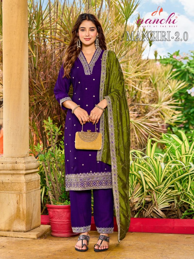 Aanchi Manziri Vol 2 Vichitra Silk Embroidered Kurti With Bottom Dupatta Catalog — Wholesale Kurtis, Aanchi wholesale from Surat — Photo 4