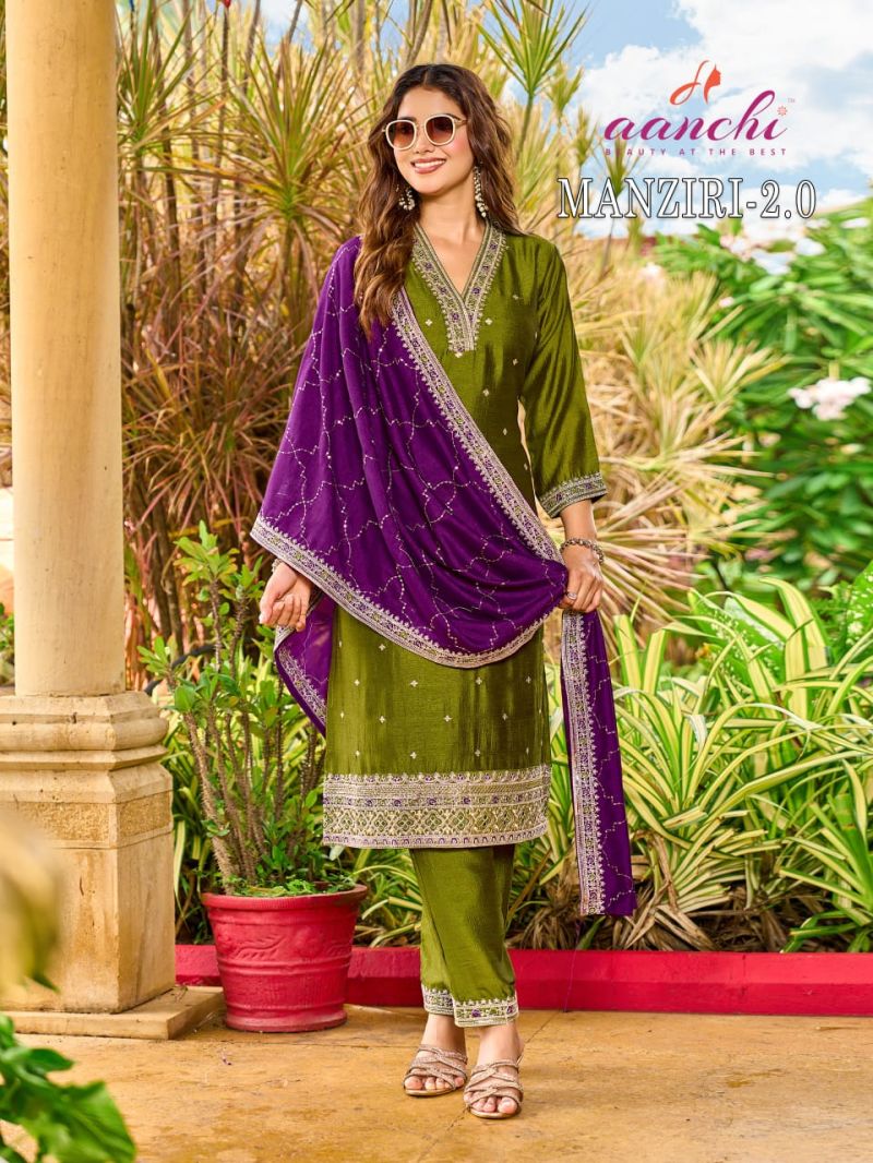 Aanchi Manziri Vol 2 Vichitra Silk Embroidered Kurti With Bottom Dupatta Catalog — Wholesale Kurtis, Aanchi wholesale from Surat — Photo 3