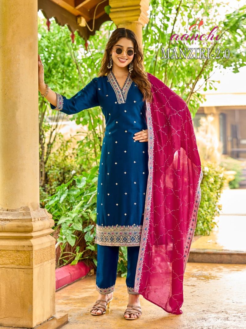 Aanchi Manziri Vol 2 Vichitra Silk Embroidered Kurti With Bottom Dupatta Catalog — Wholesale Kurtis, Aanchi wholesale from Surat — Photo 2