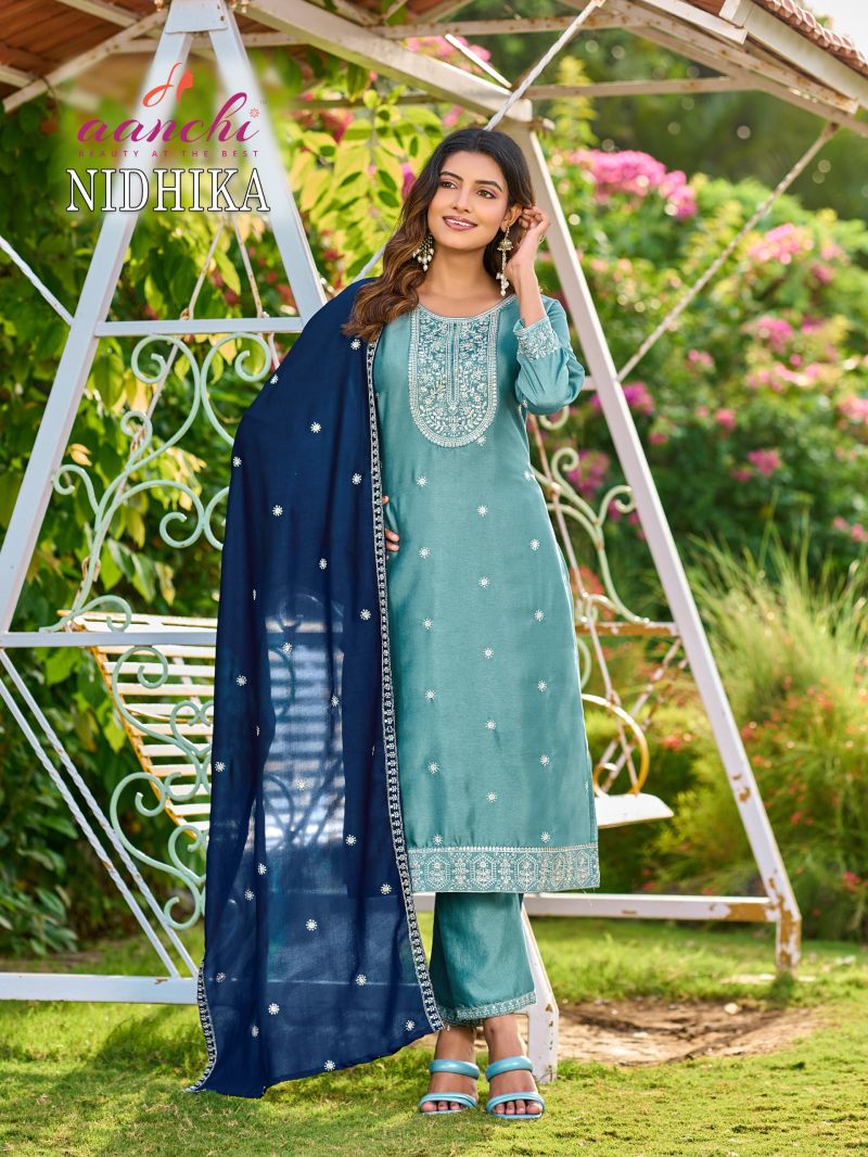 Aanchi Nidhika Crystal Silk Embroidered Kurti With Bottom Dupatta — Wholesale Kurtis, Aanchi Kurtis Catalog wholesale from Surat — Photo 3