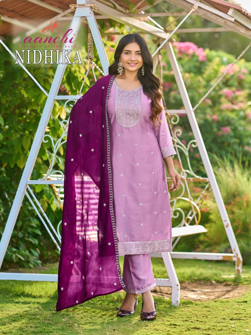 Aanchi Nidhika Crystal Silk Embroidered Kurti With Bottom Dupatta — Wholesale Kurtis, Aanchi Kurtis Catalog wholesale from Surat — Photo 2