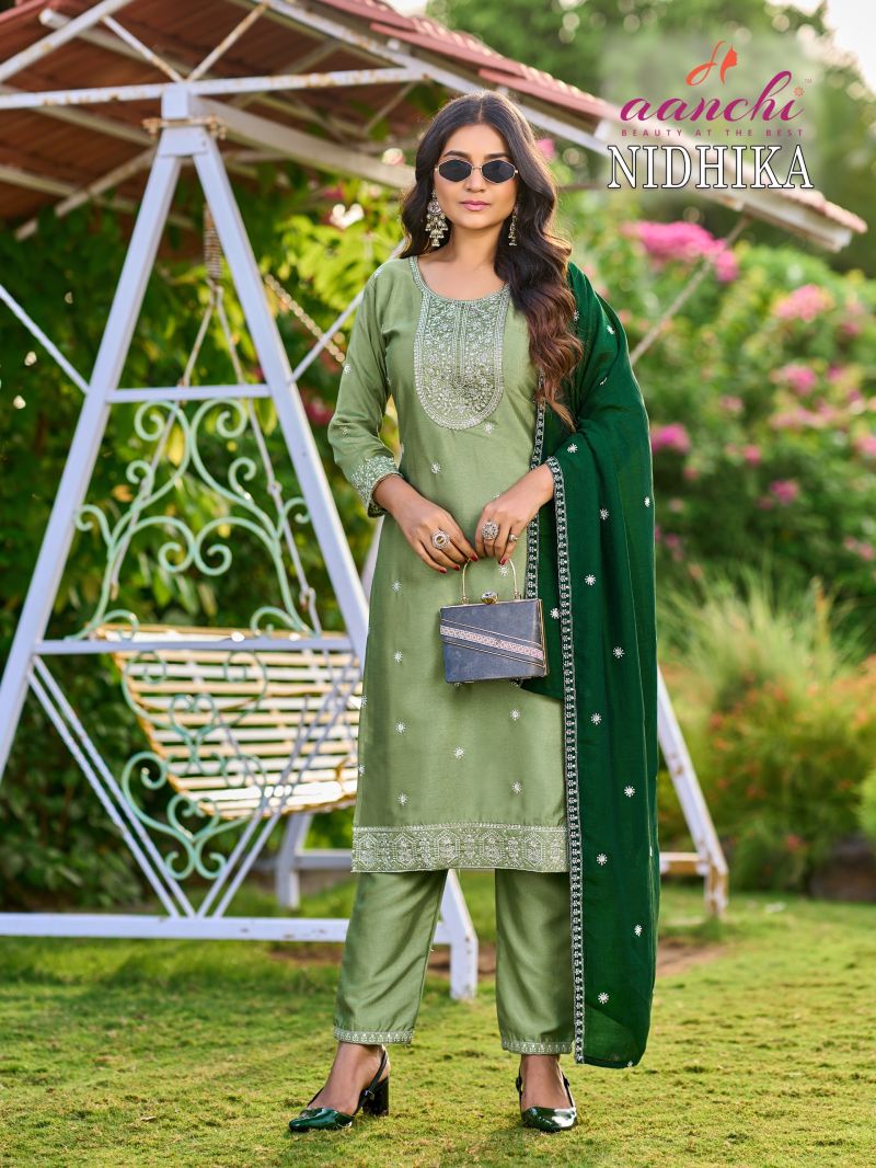 Aanchi Nidhika Crystal Silk Embroidered Kurti With Bottom Dupatta