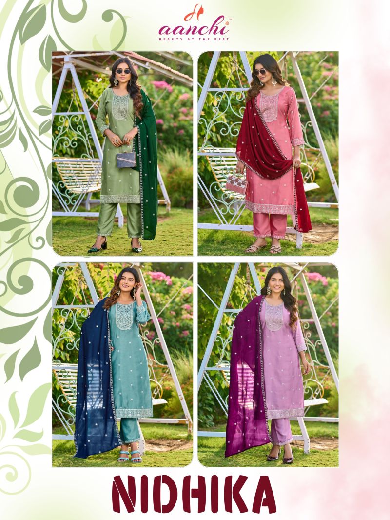 Aanchi Nidhika Crystal Silk Embroidered Kurti With Bottom Dupatta — Wholesale Kurtis, Aanchi Kurtis Catalog wholesale from Surat — Photo 5