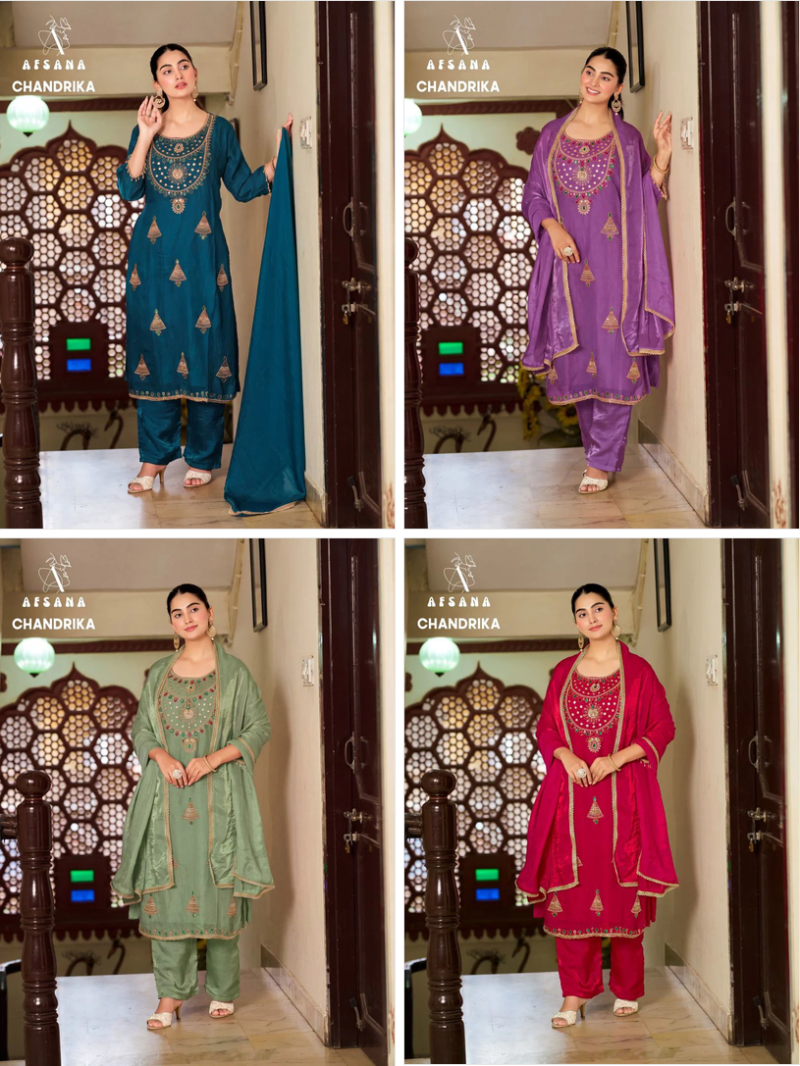 Afsana Chandrika Wholesale Fandy Satin Thread Work Designer Salwar Kameez Catalog — Wholesale Salwar Suits, Afsana wholesale from Surat — view 6