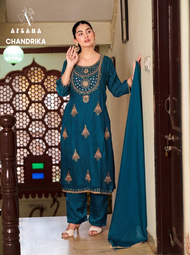 Afsana Chandrika Wholesale Fandy Satin Thread Work Designer Salwar Kameez Catalog — Wholesale Salwar Suits, Afsana wholesale from Surat — view 5