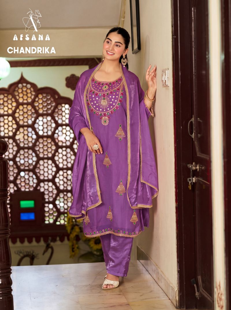 Afsana Chandrika Wholesale Fandy Satin Thread Work Designer Salwar Kameez Catalog — Wholesale Salwar Suits, Afsana wholesale from Surat — view 4