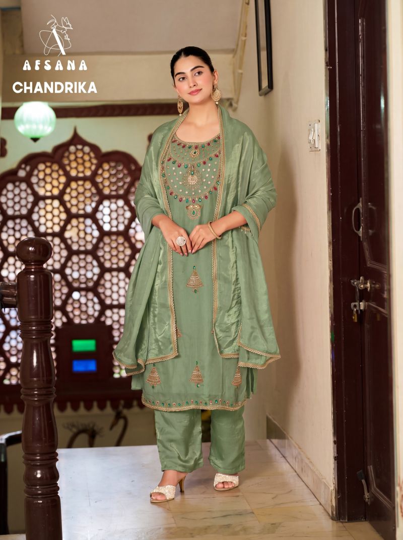 Afsana Chandrika Wholesale Fandy Satin Thread Work Designer Salwar Kameez Catalog — Wholesale Salwar Suits, Afsana wholesale from Surat — view 3