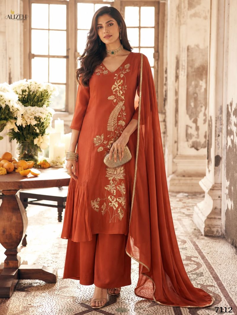 Alizeh 7110 To 7113 Mul Chanderi Floral Embroidered Kurti With Bottom Dupatta — Wholesale Kurtis, Alizeh wholesale from Surat — view 4
