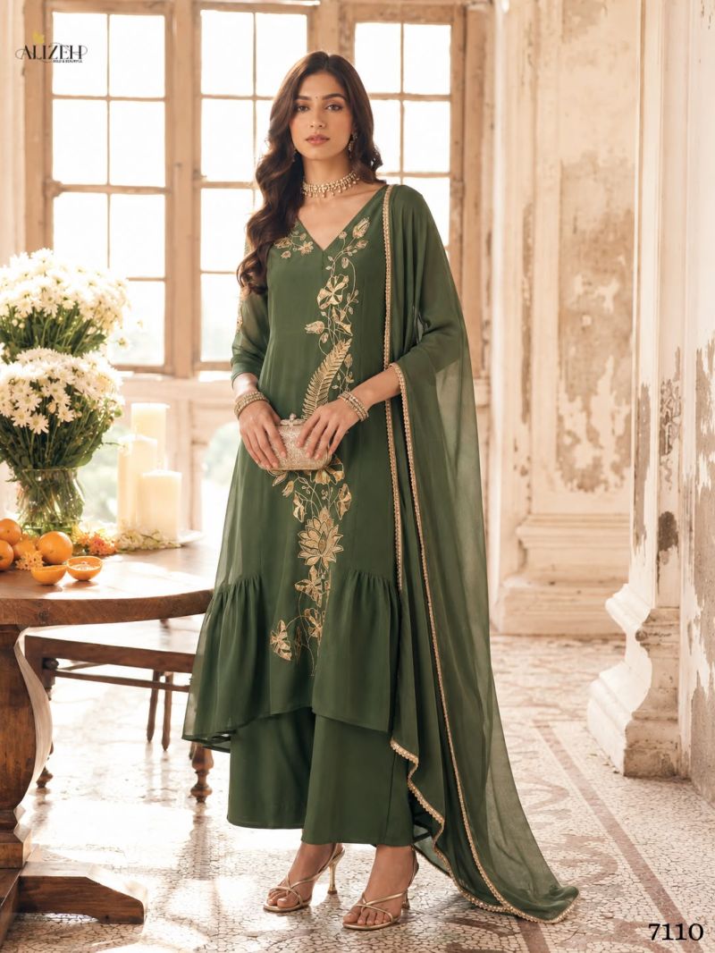 Alizeh 7110 To 7113 Mul Chanderi Floral Embroidered Kurti With Bottom Dupatta — Wholesale Kurtis, Alizeh wholesale from Surat — view 3