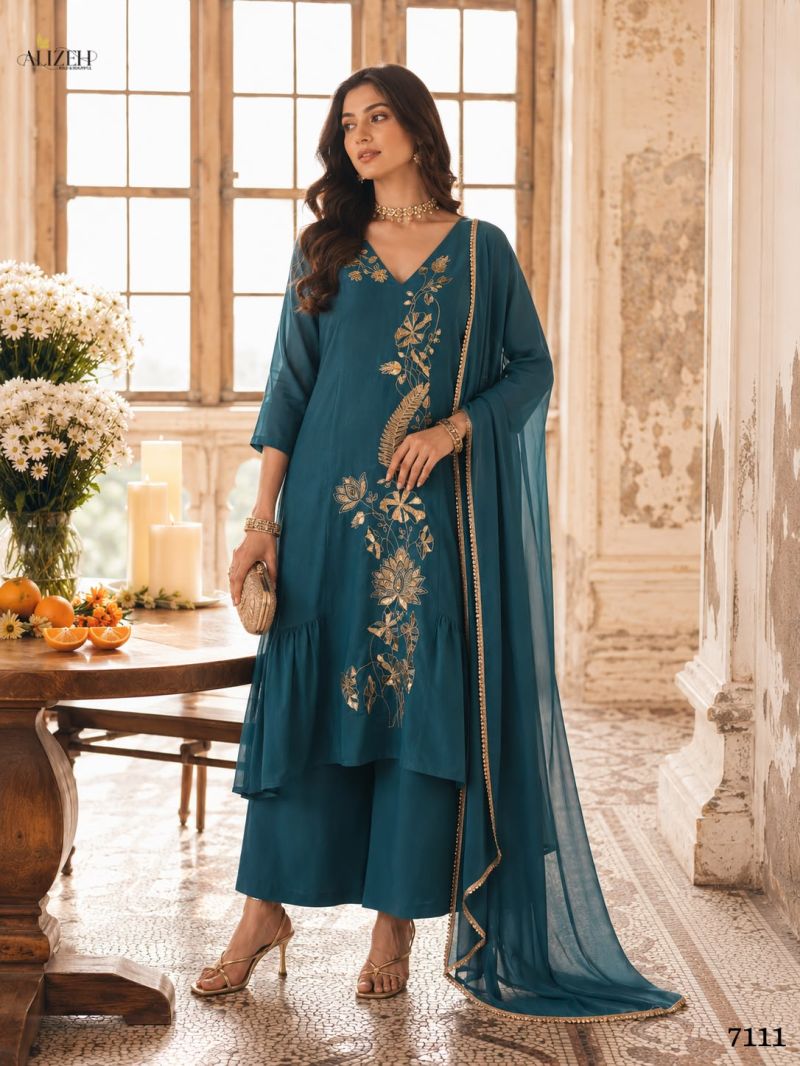 Alizeh 7110 To 7113 Mul Chanderi Floral Embroidered Kurti With Bottom Dupatta — Wholesale Kurtis, Alizeh wholesale from Surat — view 2