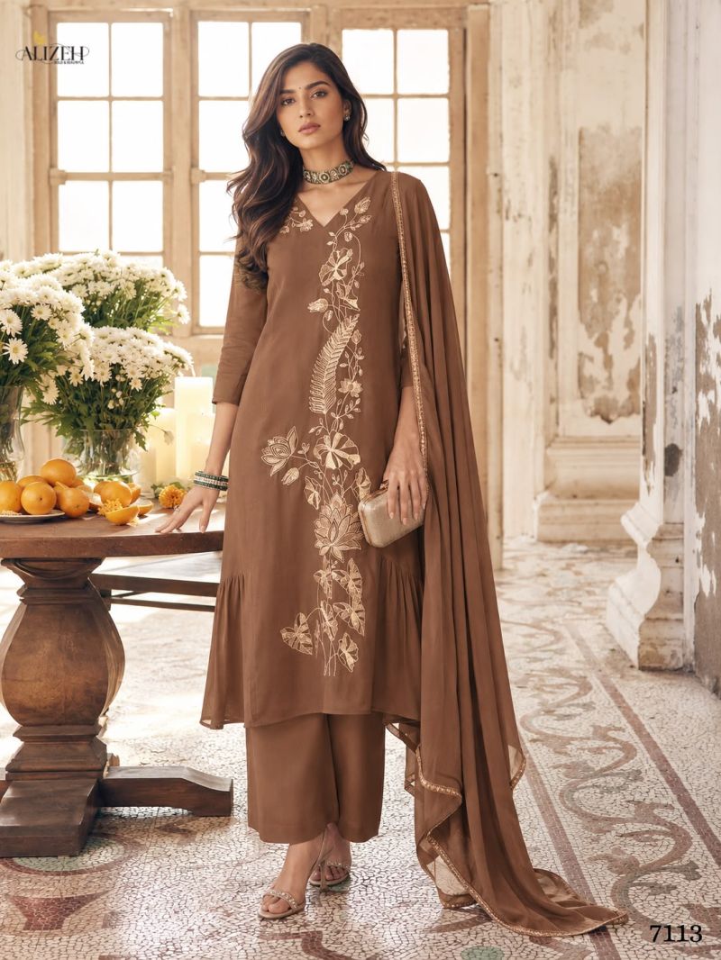 Alizeh 7110 To 7113 Mul Chanderi Floral Embroidered Kurti With Bottom Dupatta