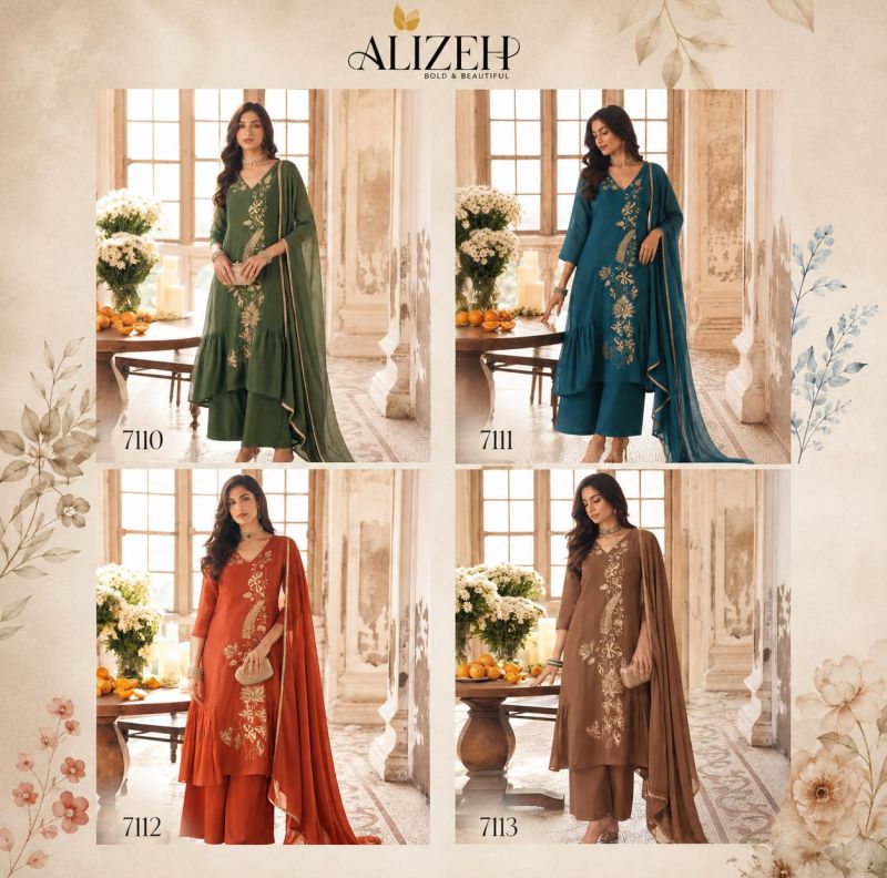 Alizeh 7110 To 7113 Mul Chanderi Floral Embroidered Kurti With Bottom Dupatta — Wholesale Kurtis, Alizeh wholesale from Surat — view 5