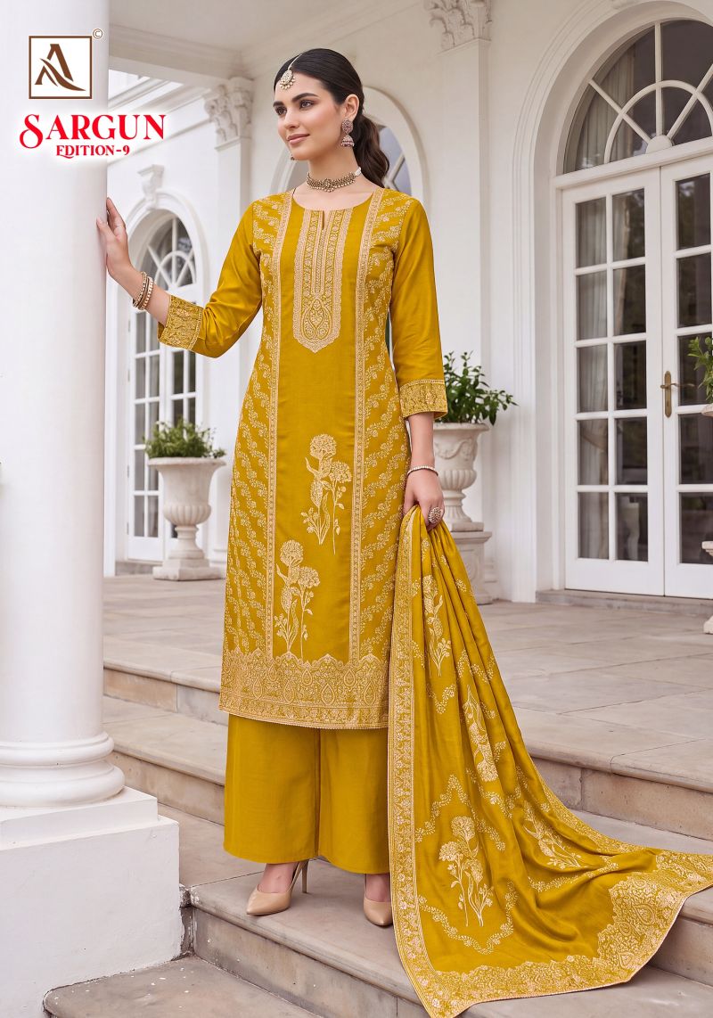 Alok Sargun Edition 9 Viscose Maslin Jacquard Hand Work Dress Material Catalog — Wholesale Salwar Suits, Alok Suits wholesale from Surat — view 4