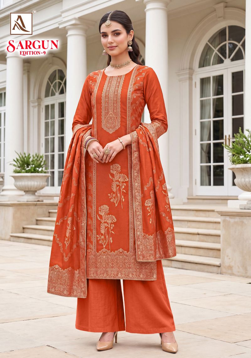 Alok Sargun Edition 9 Viscose Maslin Jacquard Hand Work Dress Material Catalog — Wholesale Salwar Suits, Alok Suits wholesale from Surat — view 2