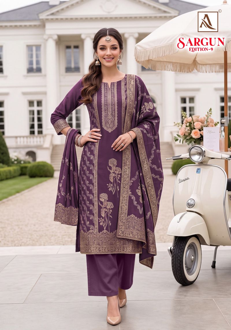 Alok Sargun Edition 9 Viscose Maslin Jacquard Hand Work Dress Material Catalog — Wholesale Salwar Suits, Alok Suits wholesale from Surat — view 6